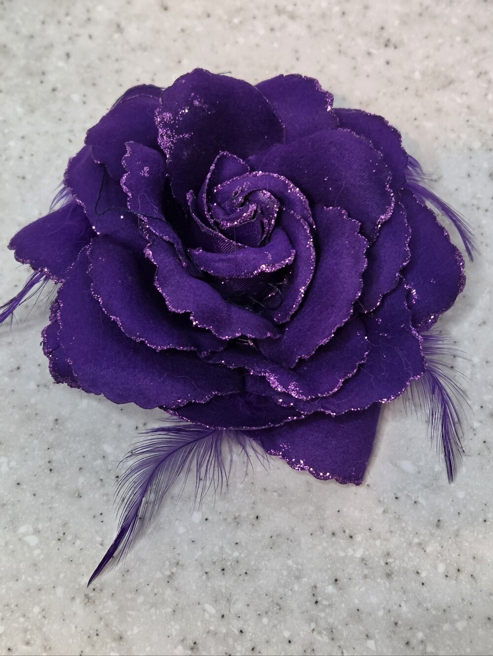 Purple Fabric Rose Flower Brooch Pin Hair Clip Glitter Feather 4" Statement